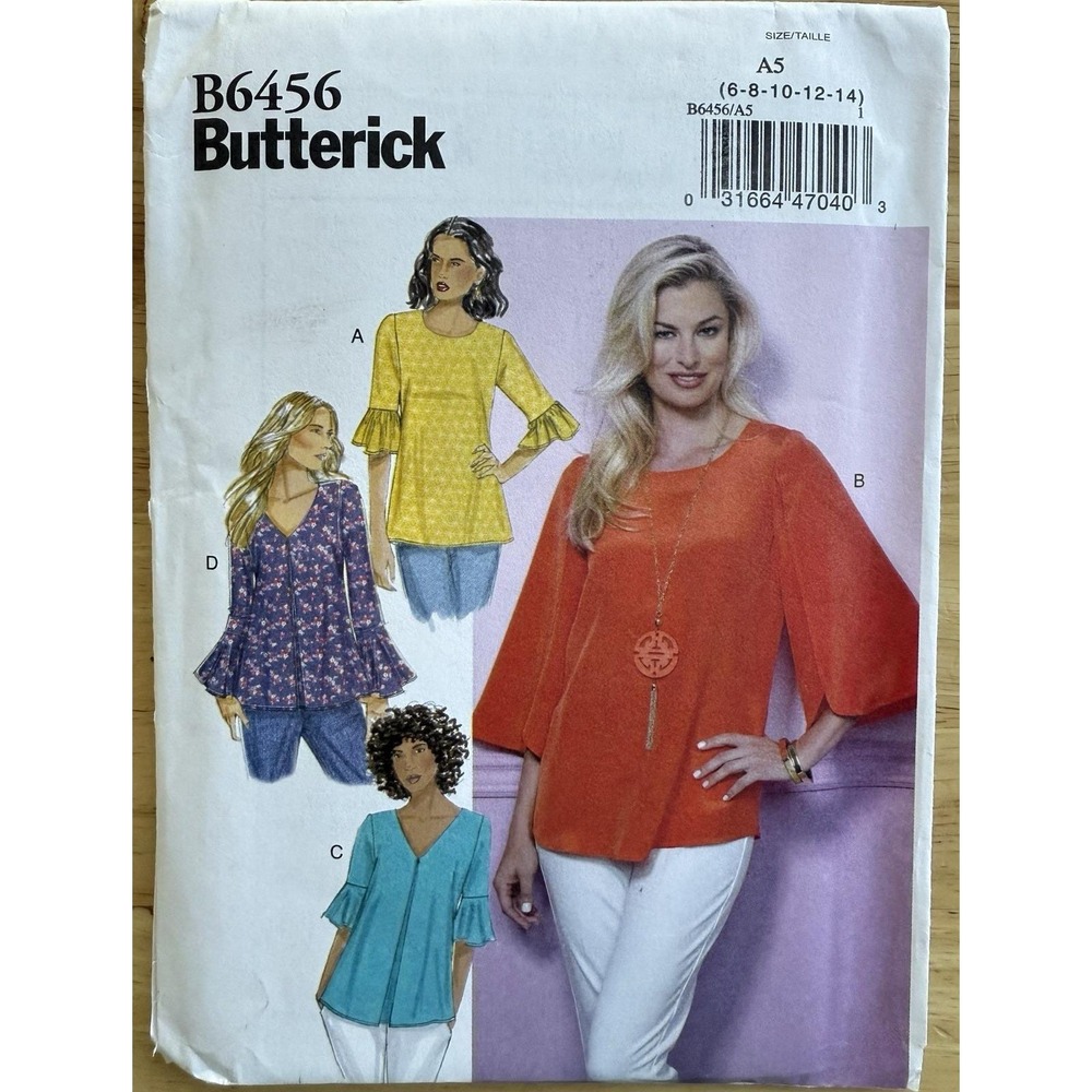 Butterick Pattern B6456 Misses' Top w Neckline & Sleeve Variations Size 6-14 UC